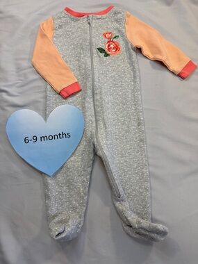 Koala Baby - Grey and Peach Floral Appliqué Baby Footed One-Piece sleeper/romper